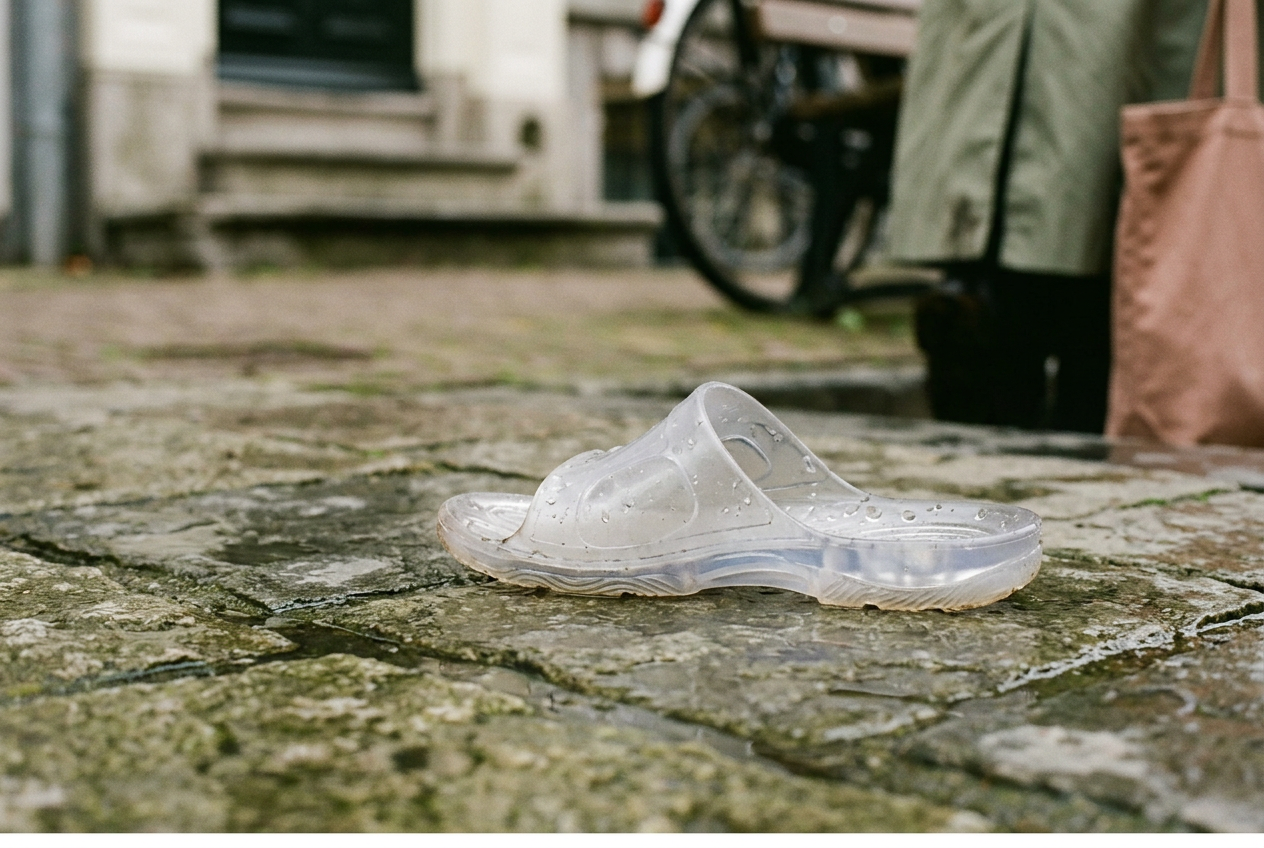 Clear molded jelly slides on wet pavement, showing water pooled inside the raised heel edge.