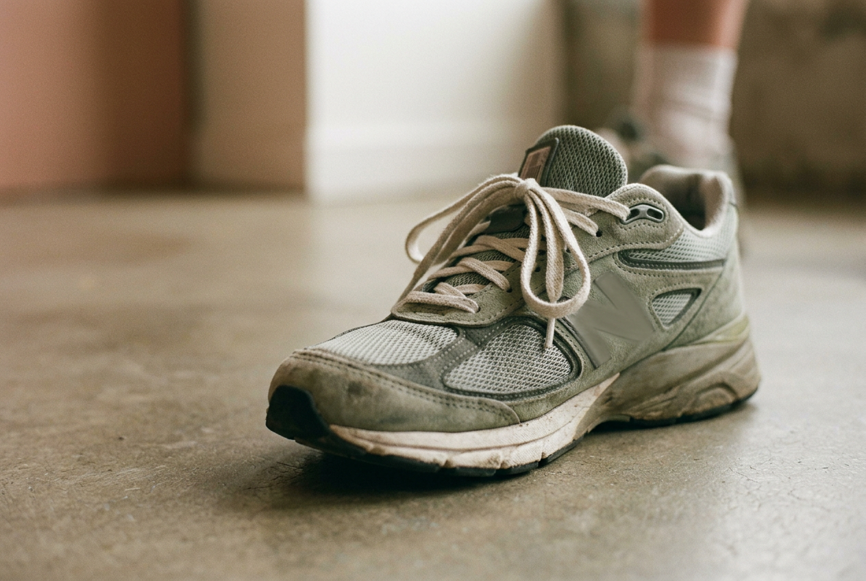 Close view of a mesh sneaker tied with a runner’s loop through the extra top eyelets.