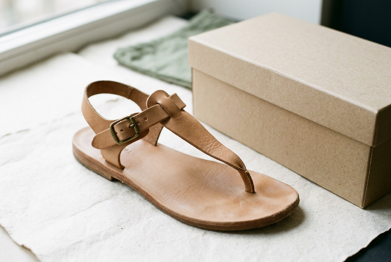 Natural leather thong sandals on clean paper, with the toe post and broad instep strap shown close up.