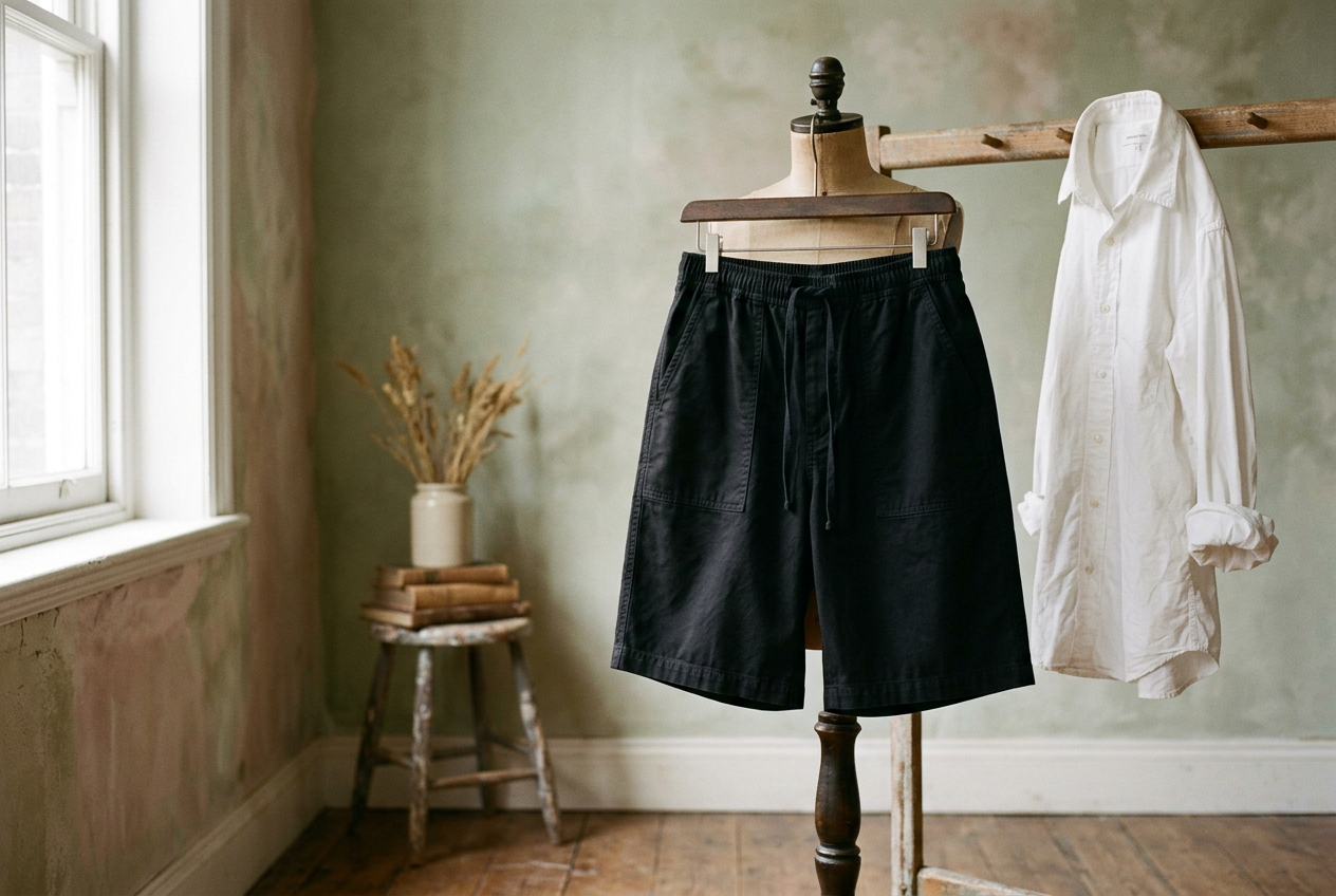 Black cotton-twill long shorts worn with a fitted tank, showing a high waist and a hem just above the knee.