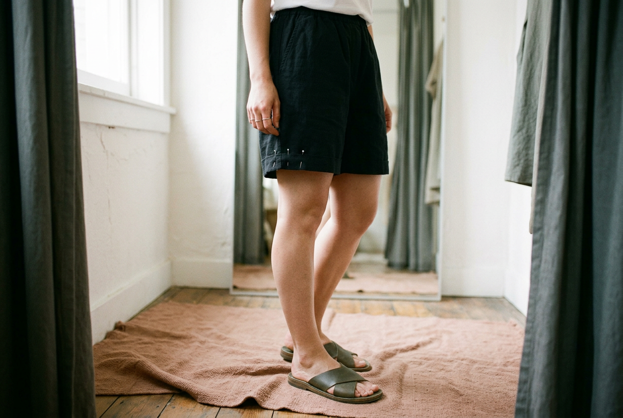 Petite model from waist down wearing black knee-near cotton-twill shorts with flat sandals.