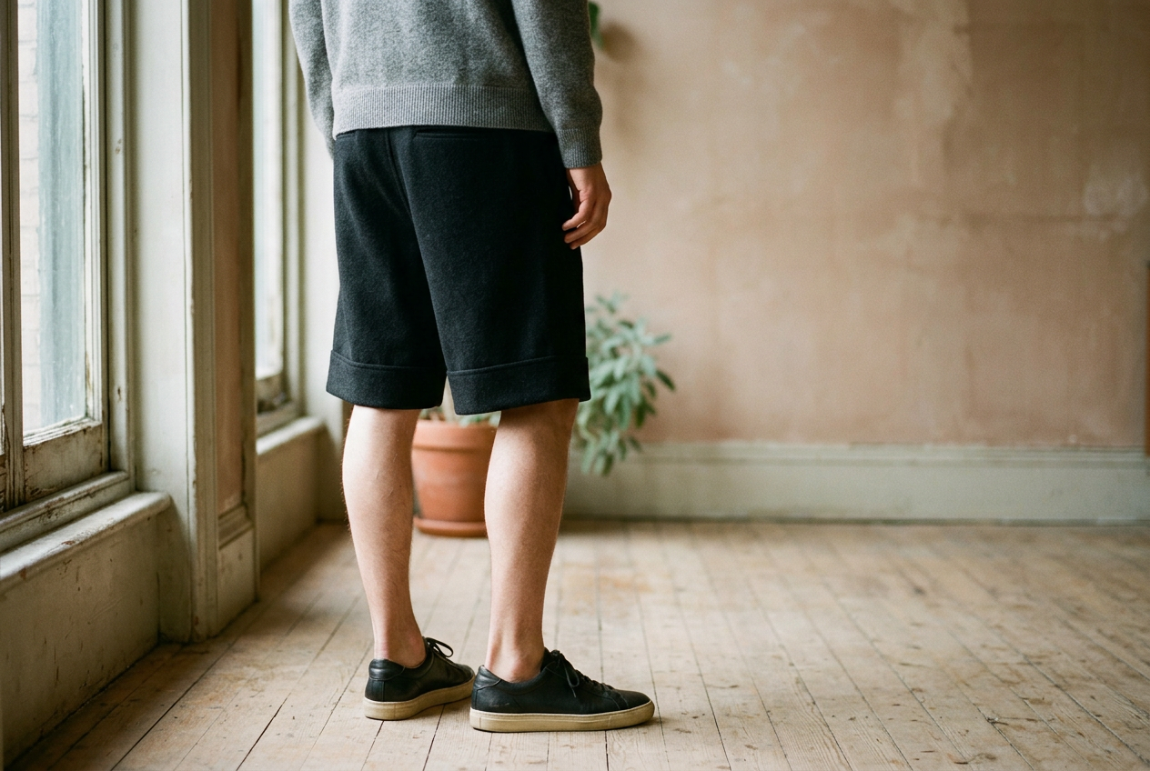 Black knee-grazing tailored shorts worn with low-profile leather sneakers and bare ankles.
