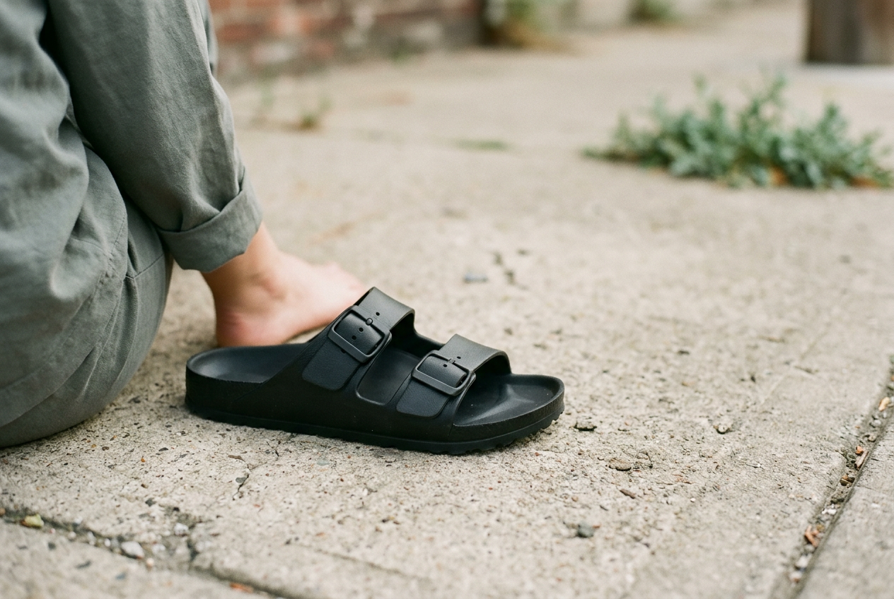 Black molded EVA slides on sun-warmed concrete, with one forefoot strap loosened by a notch.