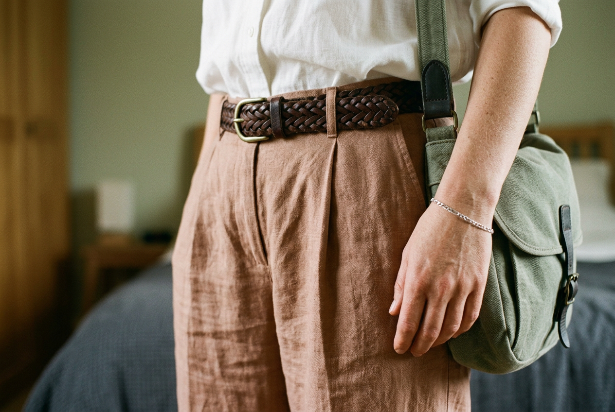 Dark-brown braided leather belt on pleated linen trousers beside a soft canvas shoulder bag and silver chain.
