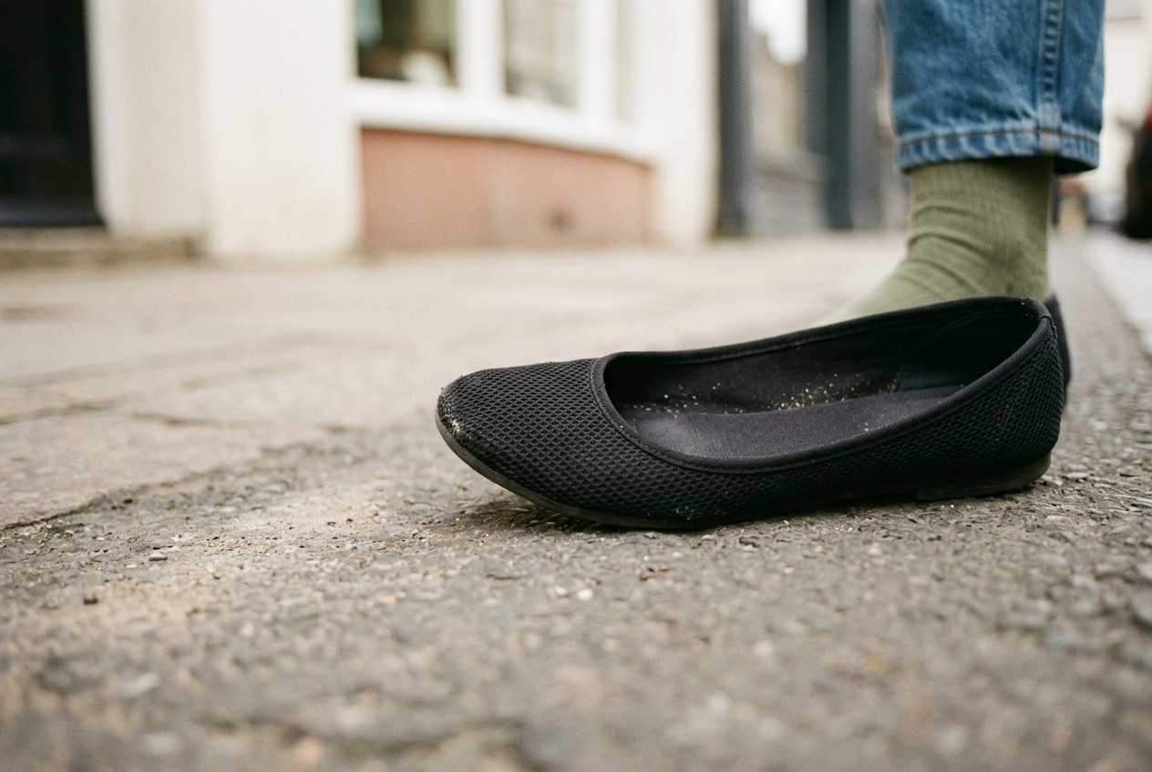 Black mesh ballet flats on pavement, showing the lined toe edge and dust gathered beside the insole.