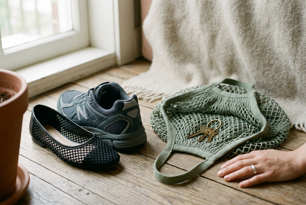 Black open-mesh ballet flat beside a reinforced mesh sneaker and a transparent mesh tote.