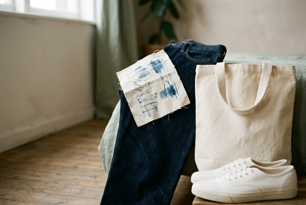 A white cotton cloth with a blue streak beside dark indigo jeans, an ivory tote, and white leather sneakers.