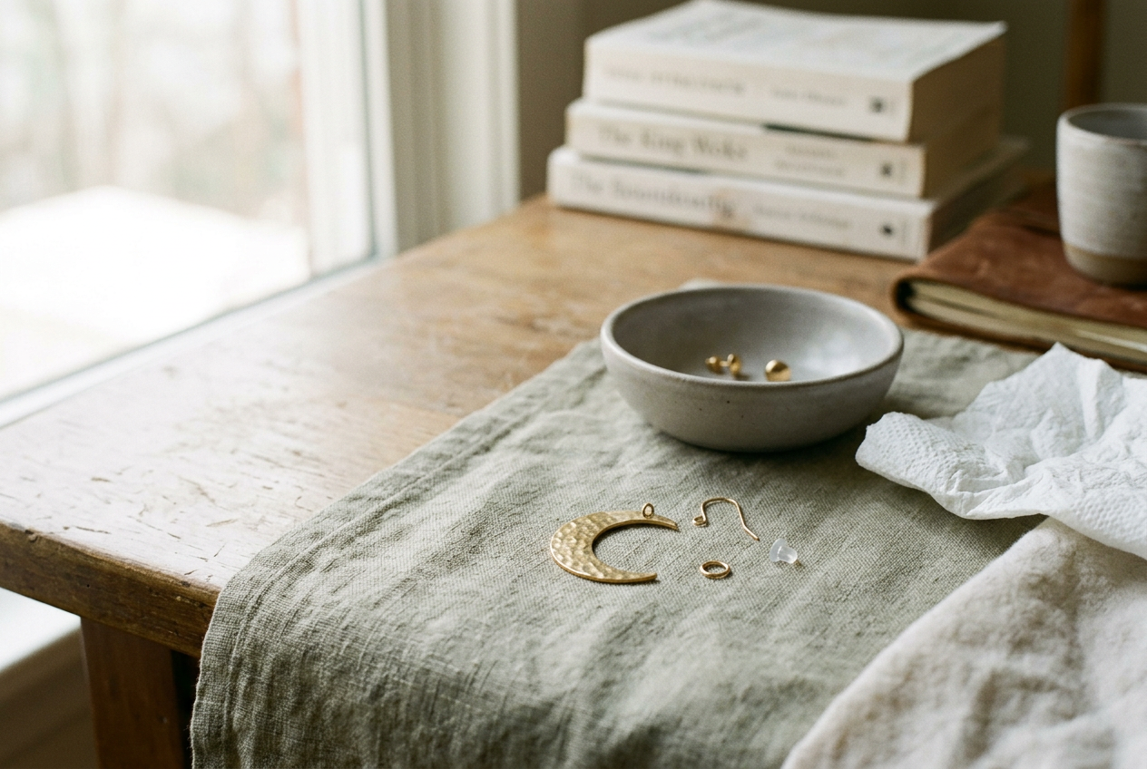 Gold-tone crescent earrings separated into hooks, jump rings, charms and clear backs on a plain tabletop.