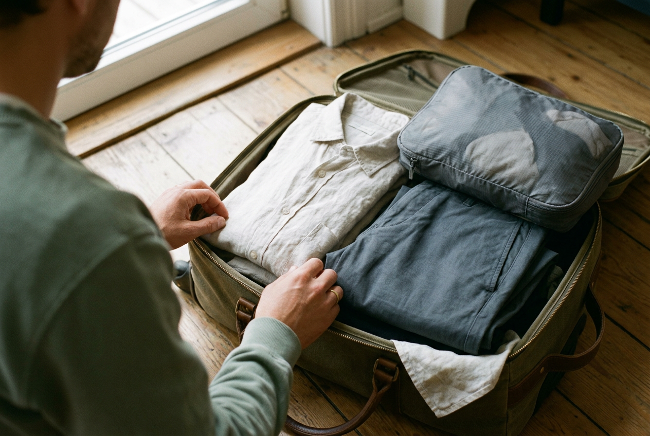 A pale blue linen shirt loosely rolled beside folded linen trousers and a padded packing cube in an open suitcase.