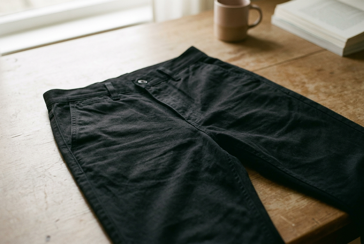 Black cotton-twill trousers laid flat to show the curved waistband and different front and back rise seams.
