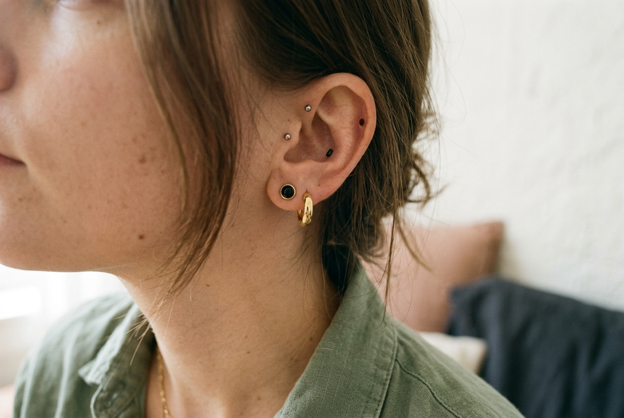 Close view of a black onyx gold stud balanced by a tiny ball, close huggie and black flat-back earring.