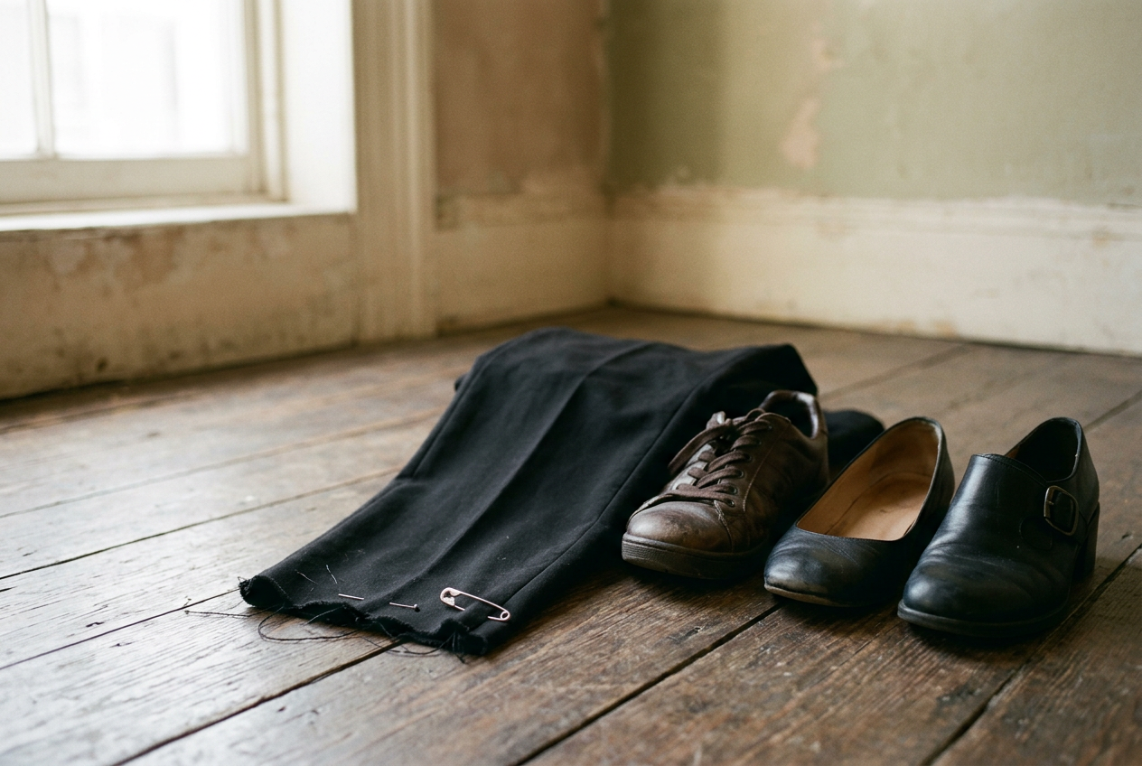 Black straight-leg trousers pinned above the floor beside a leather sneaker, almond-toe flat, and low block heel.