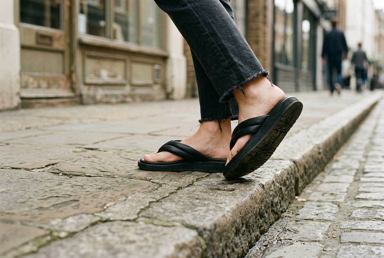 Black padded leather flip-flops on uneven pavement, showing the thick layered sole and wide toe-post straps.