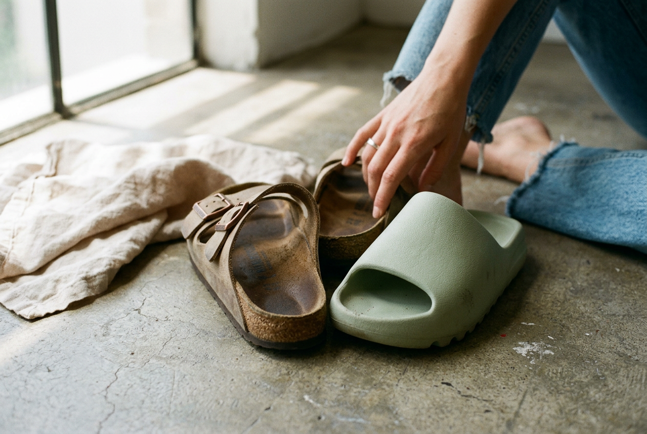 Close view of padded sandal footbeds in suede and molded foam showing heel impressions and surface texture.