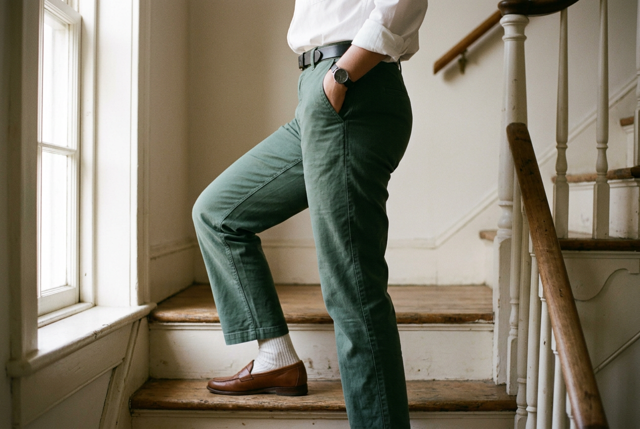 Close view of cotton twill trousers showing pocket flare and horizontal lines as the wearer steps forward.