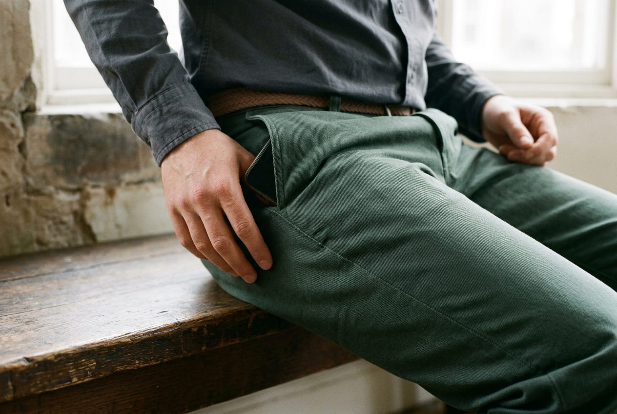 A seated person in cotton twill trousers showing diagonal lap creases and a slightly flared front pocket.