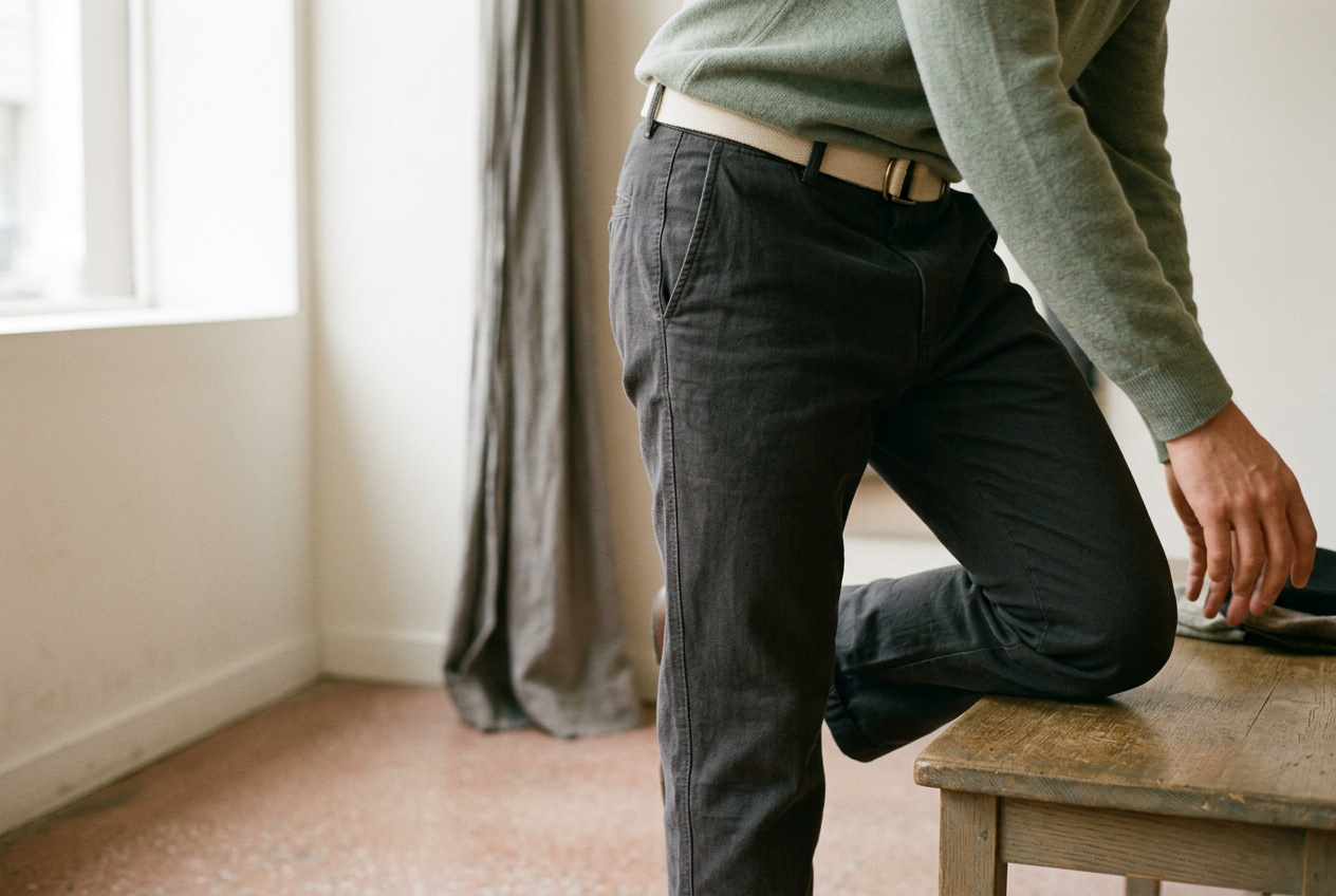 Charcoal cotton-twill trousers tightening at the front hip as one foot rests on a low fitting-room bench.