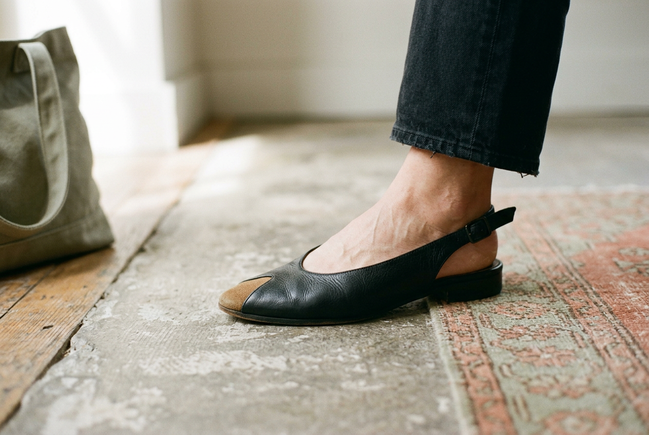 Black leather peep-toe slingback showing a narrow toe opening and adjustable heel strap.