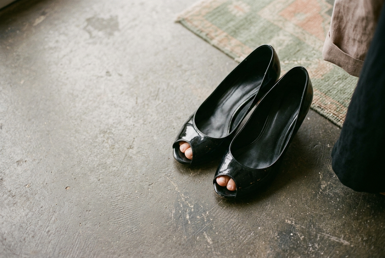 Black patent peep-toe pumps viewed from above, showing the small oval toe openings and concealed platforms.