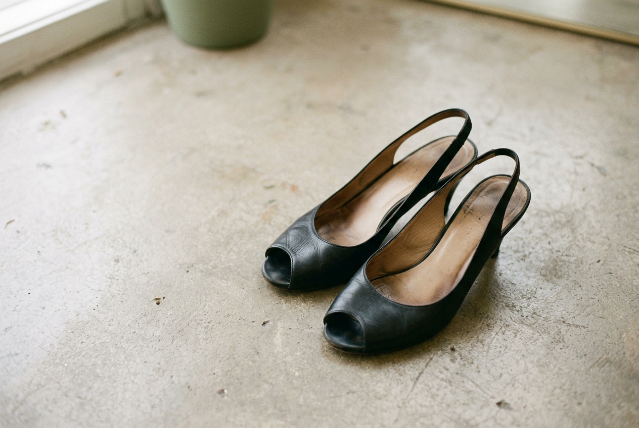 Black leather peep-toe slingbacks viewed from above, showing the curved opening and almond-shaped toe box.