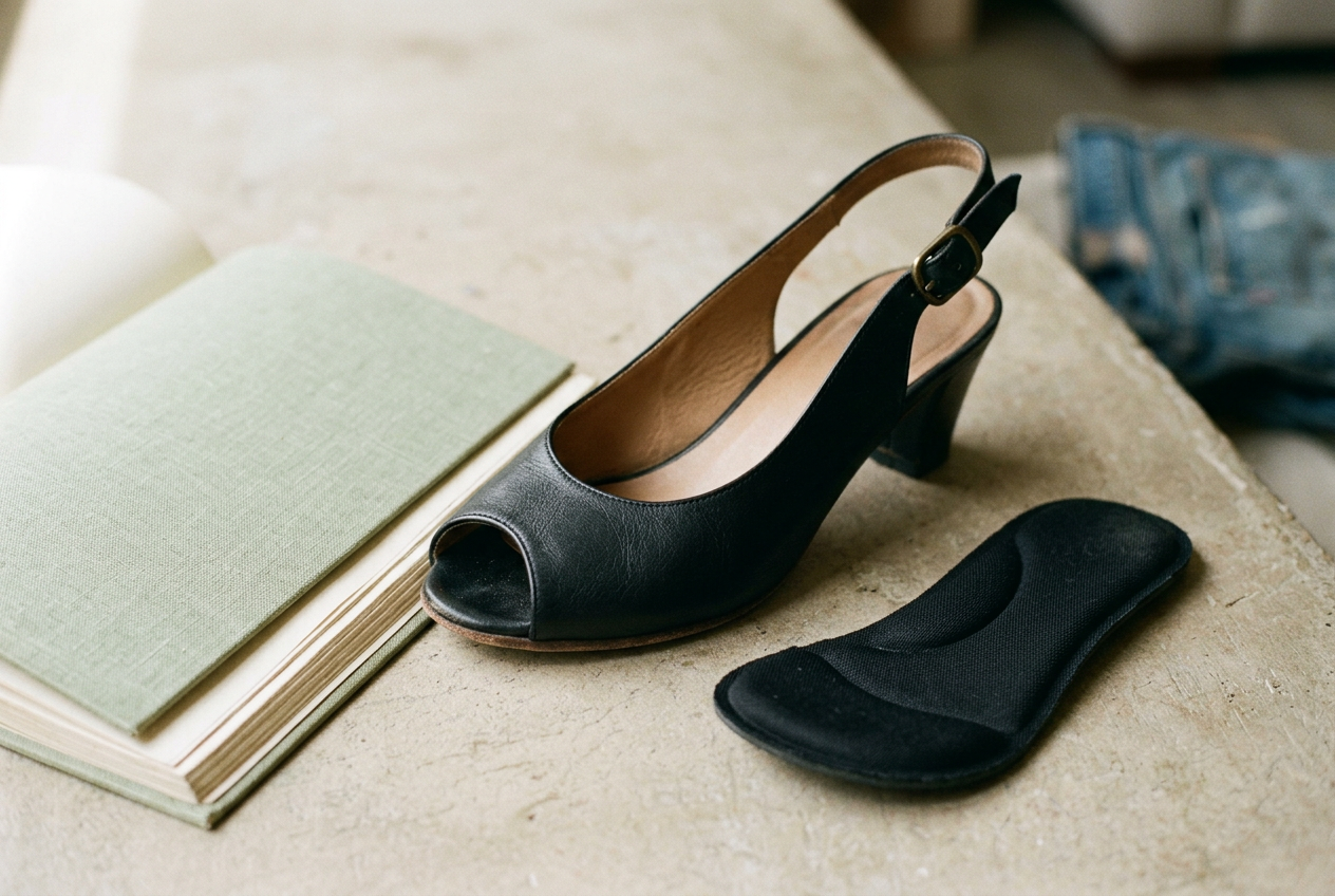 Black leather peep-toe slingback showing a narrow oval opening and a removable forefoot pad.