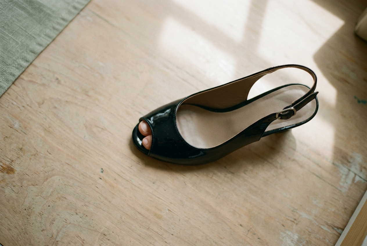 Close view of a patent-leather peep-toe slingback showing the opening across the toe tips.