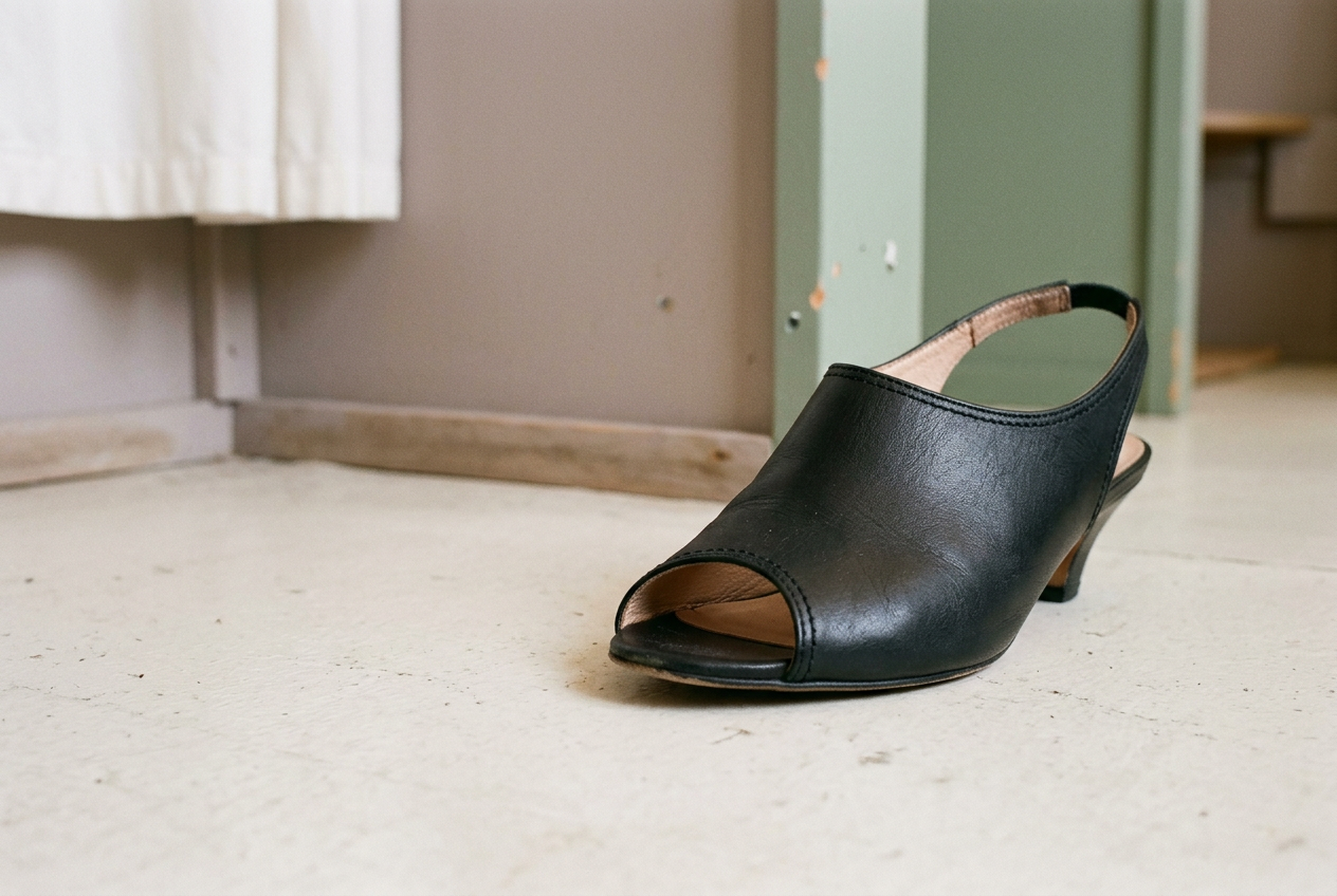 Black leather peep-toe slingback on a floor, showing the oval toe opening and lightly padded insole.