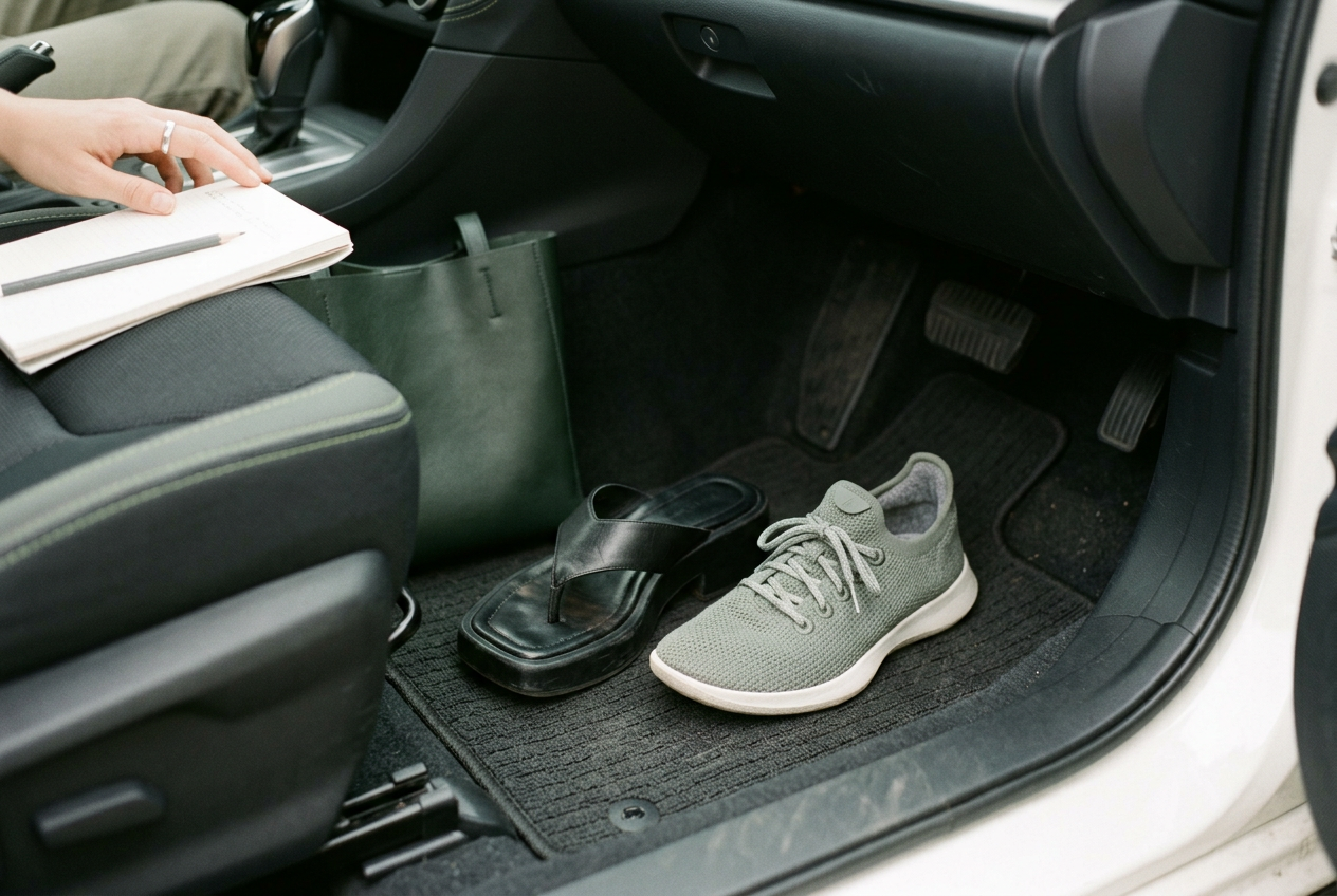Black square-toe platform flip flops beside a flexible low sneaker on a parked car's floor mat.