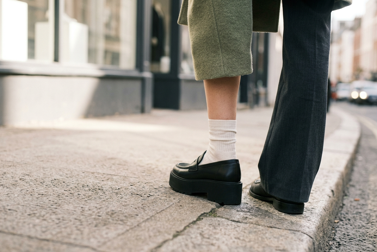 Black platform flip-flops positioned on a sloped curb cut beside a wider, flared pair.