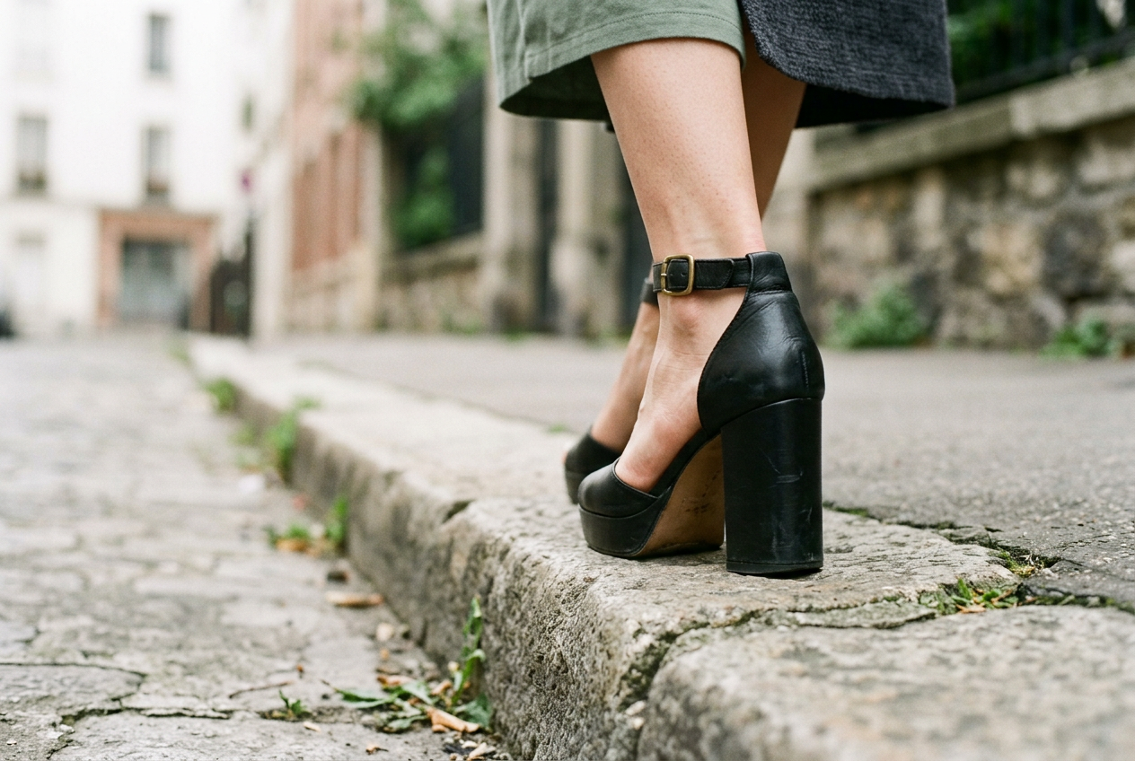 Black leather platform sandal placed at the edge of a cracked concrete curb