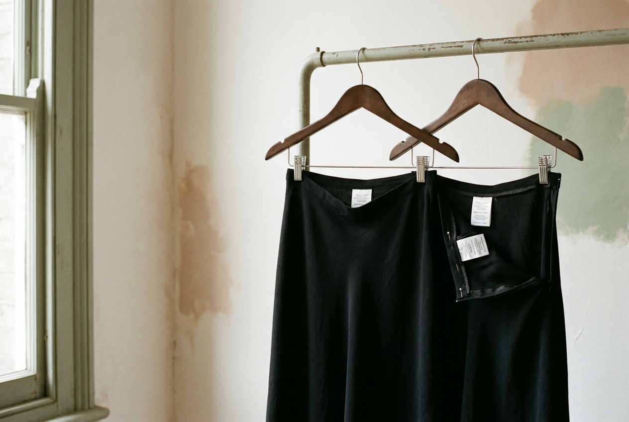 Two black bias-cut satin midi skirts, one silk and one polyester, shown inside out to reveal their side seams and care labels.