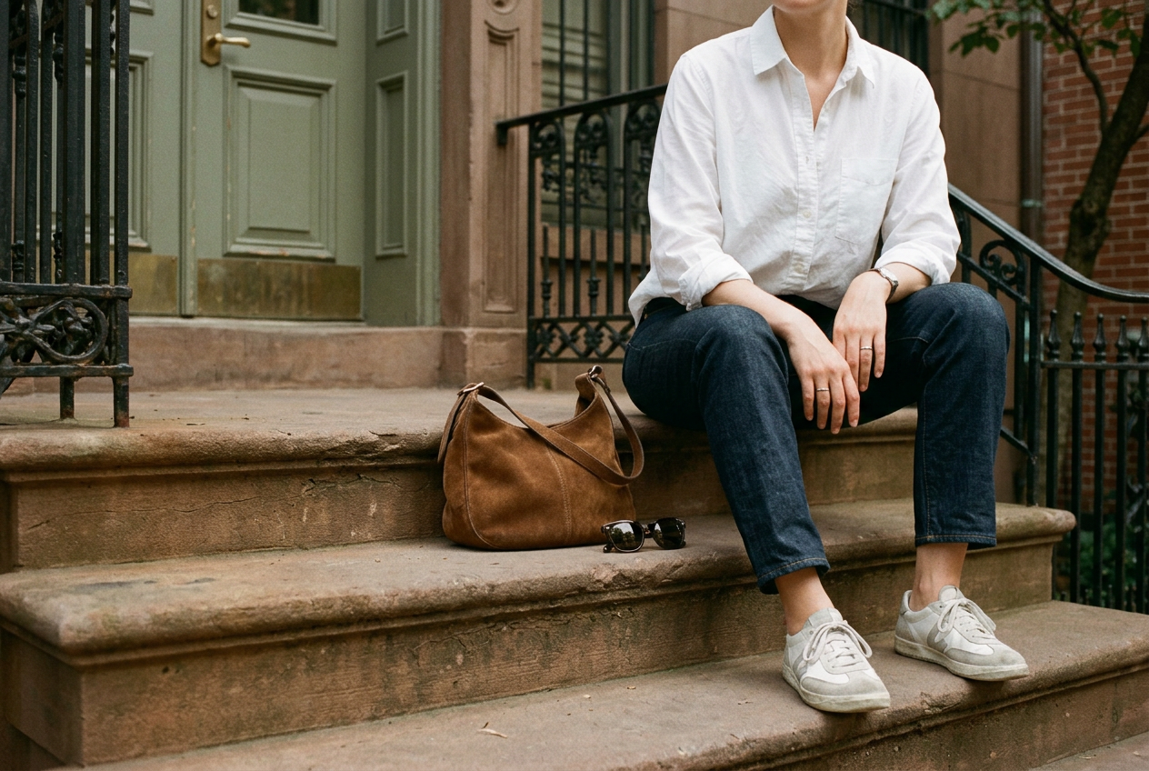 Cropped street-style view of a seated person wearing a white shirt, dark jeans and sneakers beside a soft suede bag and sunglasses.