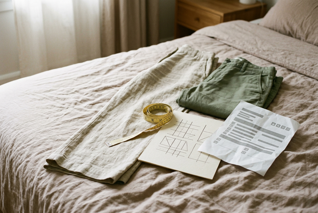 Wide-leg linen trousers beside cotton-twill trousers, with a tape measure, size chart and printed return terms.