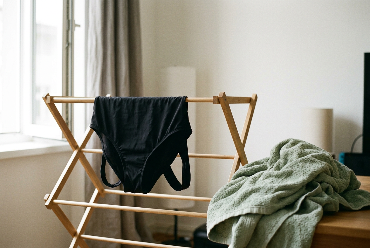 A black one-piece swimsuit laid across a drying rack beside a folded cotton towel.