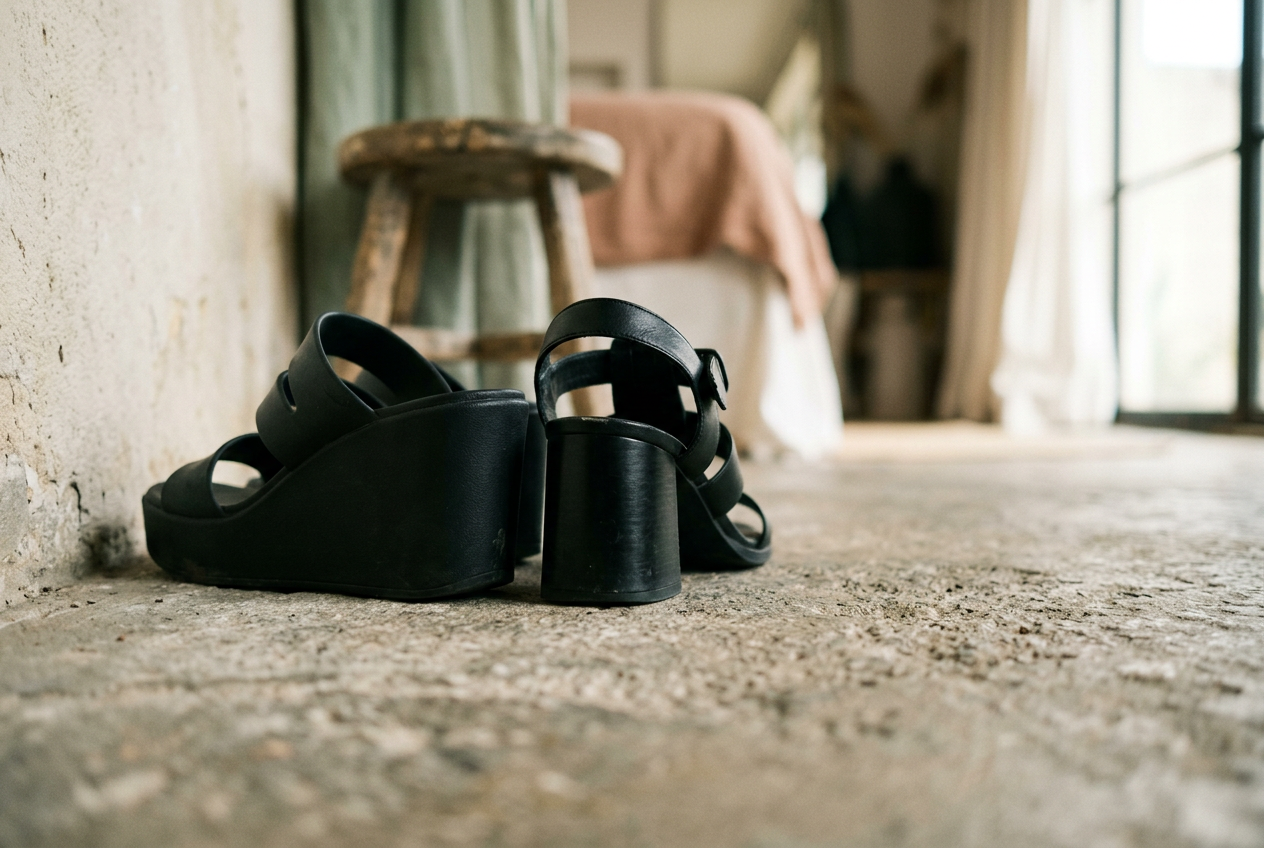Black rounded wedge sandal beside a square block-heel sandal, both photographed from behind at floor level.