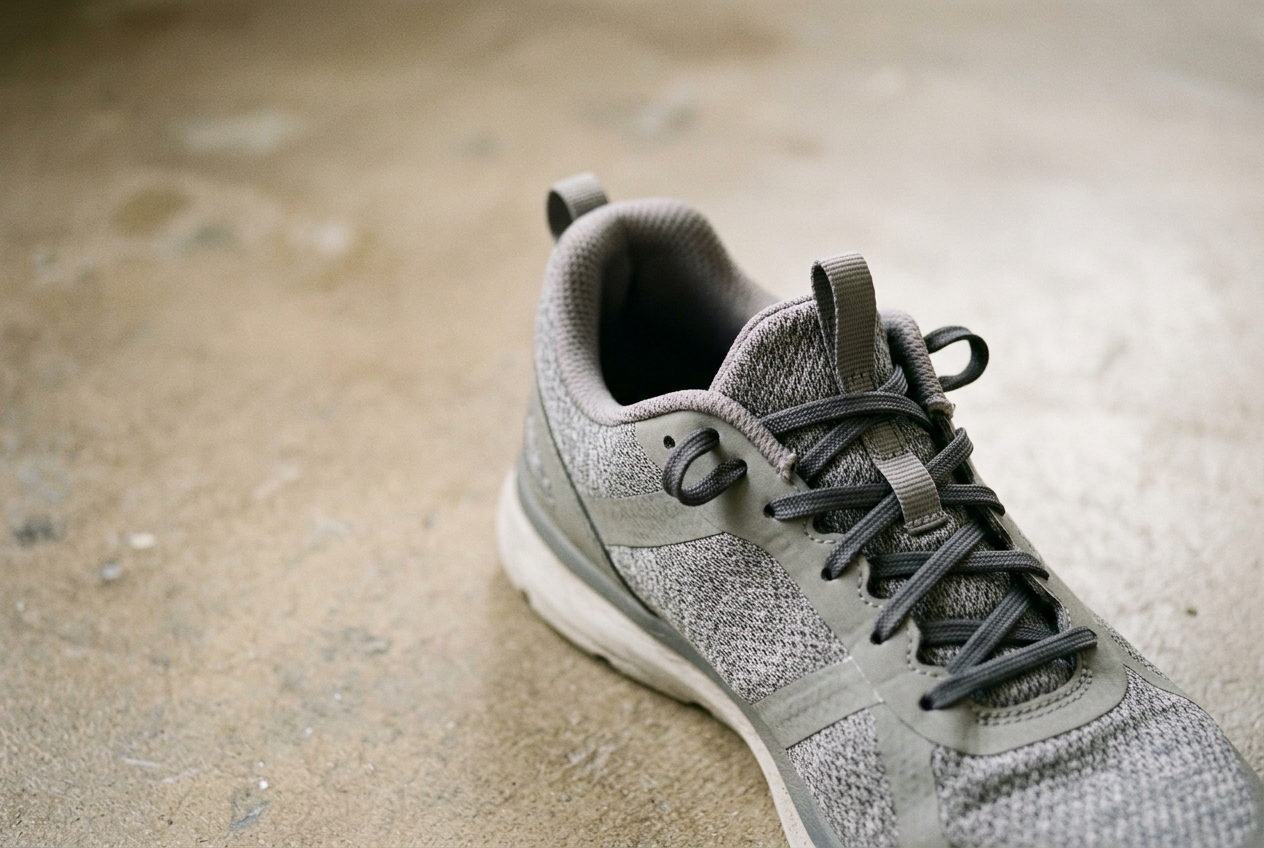 Gray mesh running sneaker with a runner’s loop tied through the extra top eyelets.