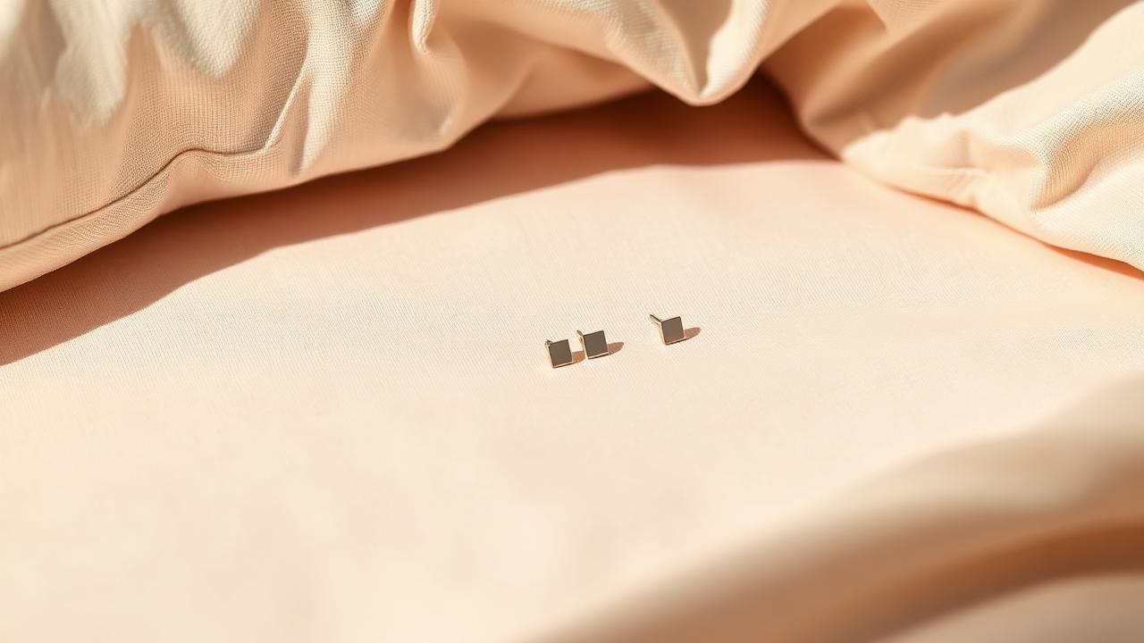 Small flat back stud earrings resting on soft blush bedding in warm daylight