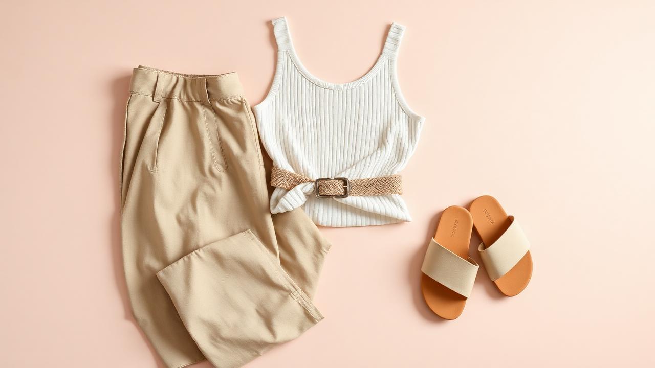 Flat lay of linen trousers, a ribbed tank, a woven belt and flat slides on blush paper