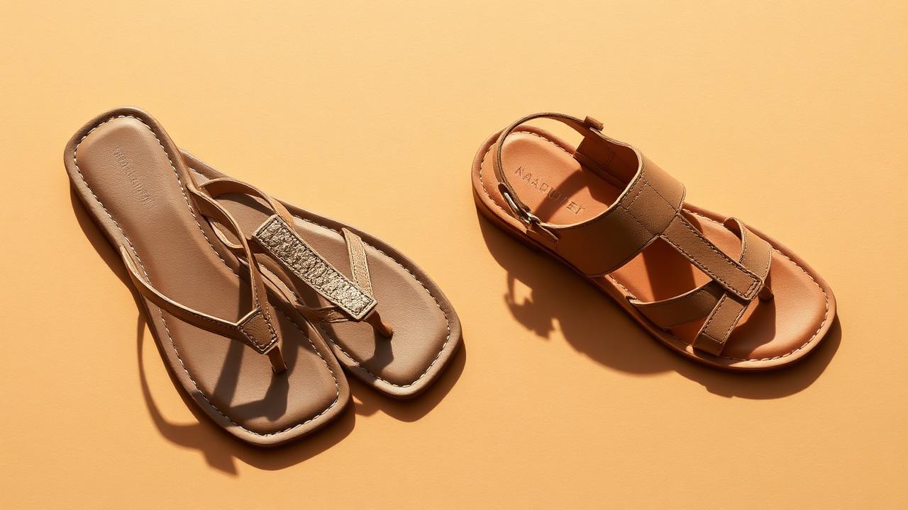 A square toe thong sandal beside a rounded toe sandal on a warm sand backdrop