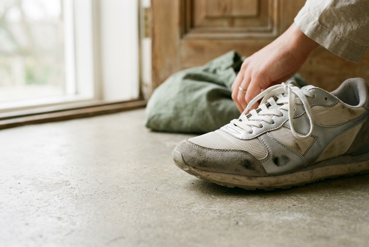 Silver nylon and gray suede retro running sneakers showing a light scuff near the outer forefoot.