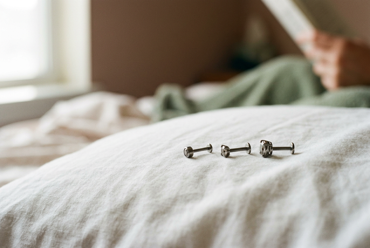 Side view of a low bezel titanium flat back stud beside taller prong and basket settings on white cotton.