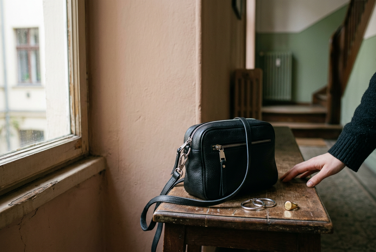 Black pebbled-leather crossbody with polished silver zipper pulls beside silver hoops and a gold signet ring.