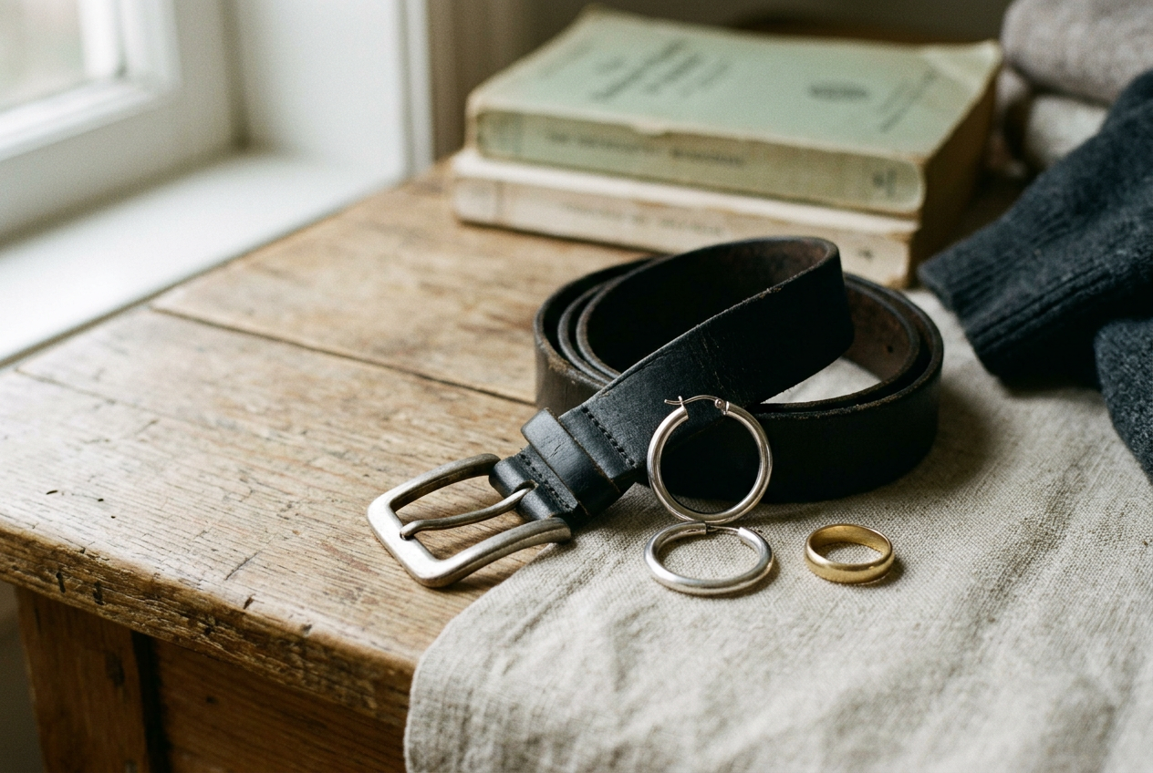 Sterling-silver hoops beside a black leather belt with a silver buckle and a gold ring on a plain tabletop.