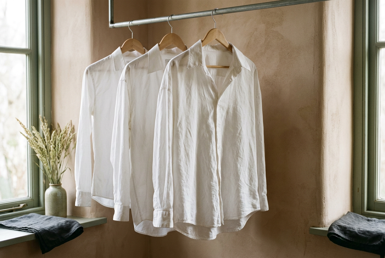 White cotton shirts in standard, sized-up and oversized cuts arranged together for a fit comparison.