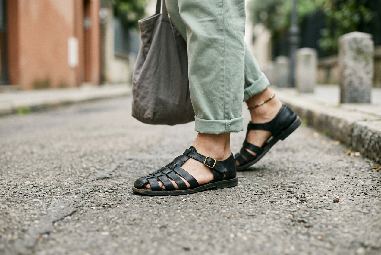 Black leather fisherman sandals showing narrow woven straps, ankle buckles and slim rubber soles.