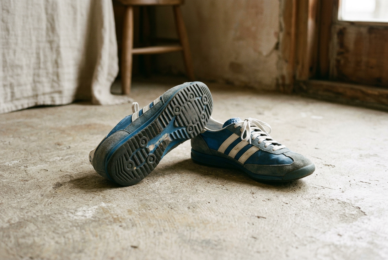 Adidas SL 72 RS sneakers viewed from above and the side, showing a tapered nylon upper and raised foam midsole.