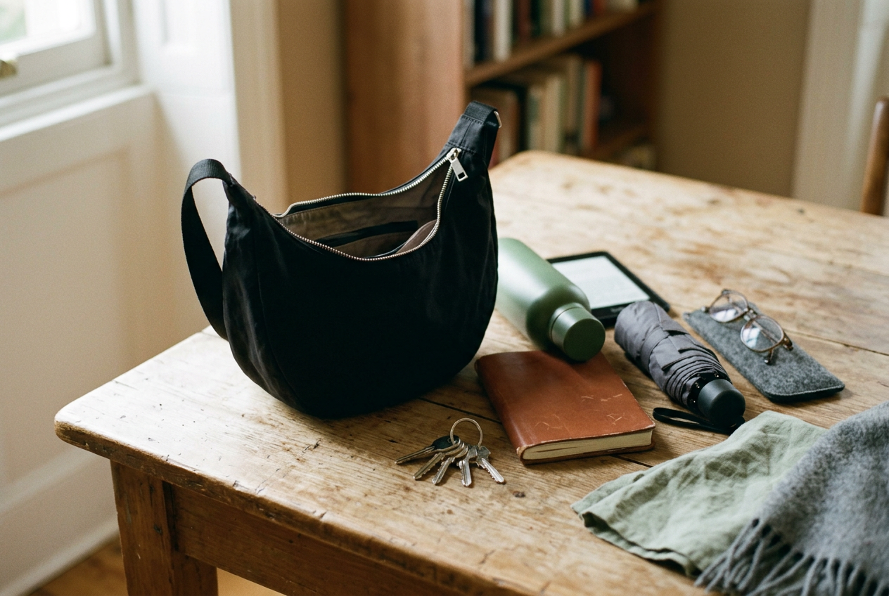 Black nylon crescent bag open on a table with a paperback, water bottle, sunglasses case, and small pouch beside it.