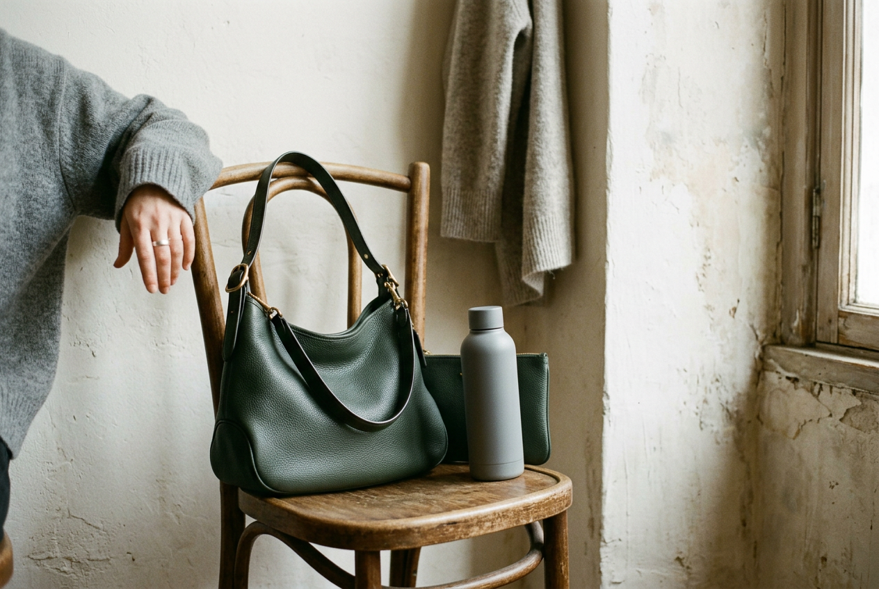 Soft brown leather shoulder bag beside a rigid mini bag, with a pouch and water bottle showing how each packs.