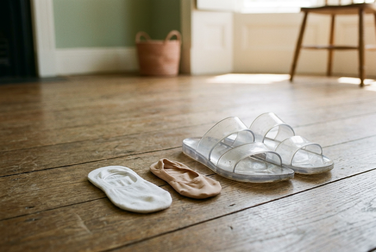 Clear two-band jelly slides shown with a thin cotton sock and a low synthetic liner beside them.