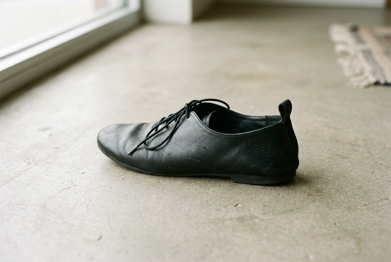 Black leather drawstring ballet flat with the front gathered tightly while the heel edge remains open.
